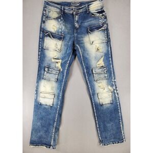 Decibel Jeans Mens 36x33 Med Wash Denim Distressed Cargo Pockets Utility Stretch